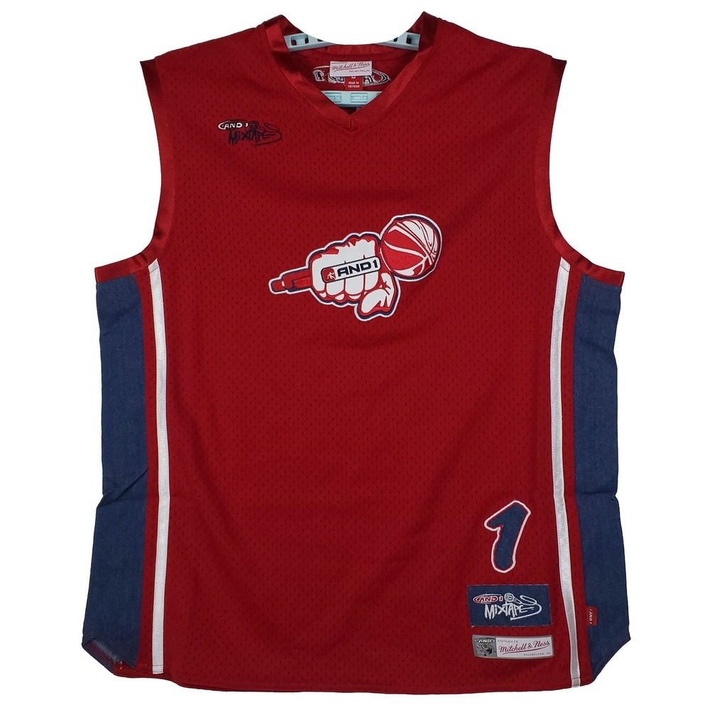 AND1 Mixtape Mitchell‎ & Ness Large Jersey Fist Mic Logo Red Navy Denim NWT